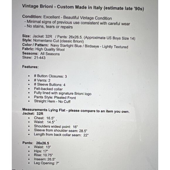 Vintage Brioni Suit 32R 26W Nomentano Navy Blue Custom Made in Italy 14Y - Picture 3 of 15